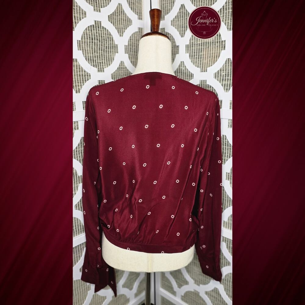 J. Crew Burgundy Maroon Wine Silk Long Sleeve Wrap Blouse Size Large - Picture 9 of 13